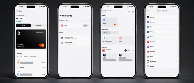Four iPhone screens displaying a crypto wallet app showing card balances, a withdraw-to-subaccounts interface, a transaction history with pending and buy/sell options, and a network selection list including Ethereum, Polygon, and BNB Chain.