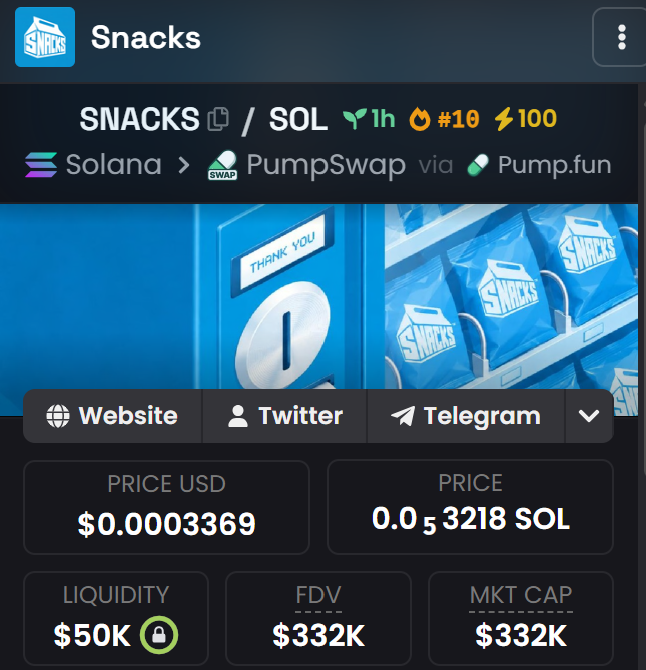 The image shows a cryptocurrency token page for "SNACKS" ($SNACKS/SOL) on PumpSwap via Pump.fun, featuring a price of $0.0003369, market cap of $332K, and liquidity of $50K, with a theme of snack chip bags. The post appears to be a giveaway promotion tied to this token, asking followers to engage with the quoted post and drop their Solana wallets to potentially receive a $15 reward in connection with the $SNACKS token.