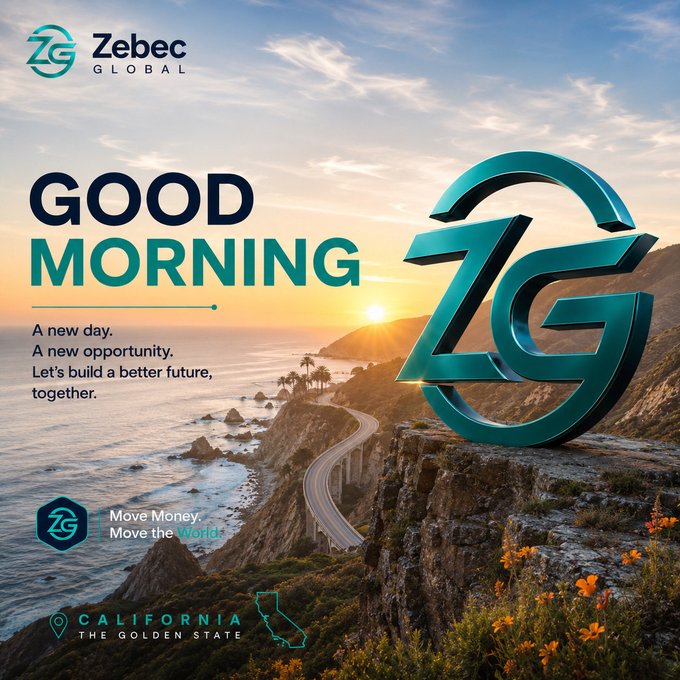 A promotional graphic for Zebec Global featuring a 3D 'ZG' logo and the text 'GOOD MORNING. A new day. A new opportunity. Let's build a better future, together.' over a coastal highway scene labeled 'CALIFORNIA THE GOLDEN STATE'.
