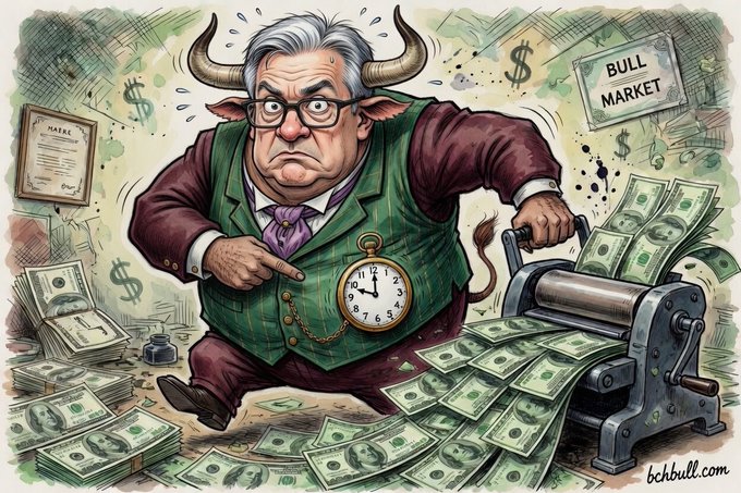 The image features a cartoon depiction of a man dressed in a suit, surrounded by stacks of money. He has horns and is wearing glasses, giving him an old-fashioned appearance. The man appears to be running away from something or someone, possibly due to his involvement with the inflation troll. The post at the bottom of the rabbit hole suggests that this man's actions are related to the concept of inflation in the economy.