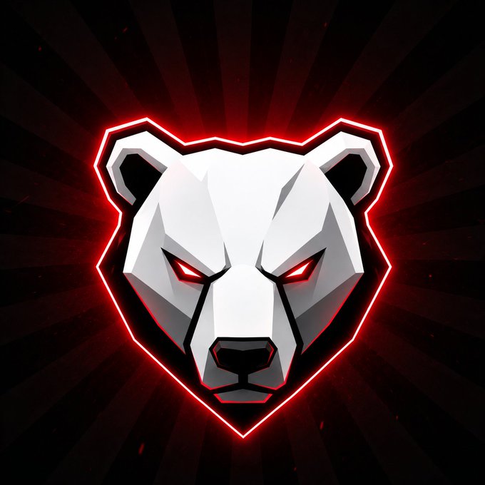 A stylized, low-poly geometric bear head logo with glowing red outlines and red eyes set against a dark background with radiating sunburst lines.