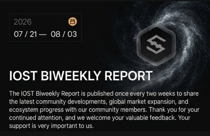A graphic for the 'IOST BIWEEKLY REPORT' covering 07/21—08/03 in 2026, explaining it shares community developments and ecosystem progress.