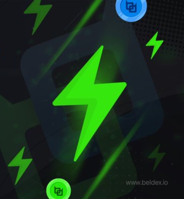 A dark digital graphic featuring a large green lightning bolt symbol with smaller lightning bolts in the background and the website 'www.beldex.io' at the bottom right.
