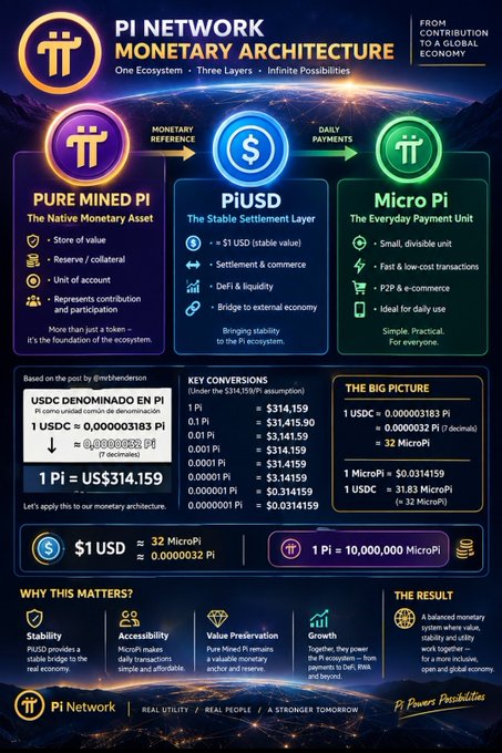The image is an infographic titled "PI NETWORK MONETARY ARCHITECTURE," illustrating a three-layer monetary system consisting of Pure Mined Pi as the monetary base, PiUSD as the stable settlement layer, and MicroPi as the everyday payment unit. It includes key conversion values, such as 1 Pi = US$314,159 and 1 USDC = 0.000003183 Pi, emphasizing the need for a MicroPi layer to make Pi practical for daily use.