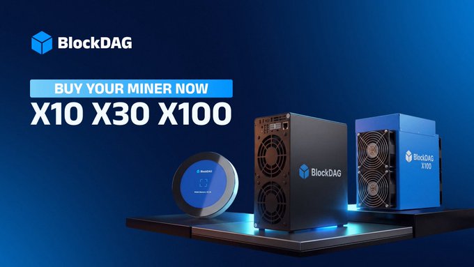 BlockDAG promotional image advertising its X10, X30, and X100 mining hardware units with a "BUY YOUR MINER NOW" call-to-action, complementing the post announcing full-scale X30 miner production is now underway.