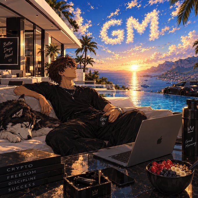 A young man relaxes on a luxurious poolside lounge chair alongside a husky, with the letters "GM" written in the sunset clouds above and on his coffee mug—directly matching the "Can I get a GM" greeting. Surrounding lifestyle details like books titled "CRYPTO," "FREEDOM," "DISCIPLINE," "SUCCESS" and a water bottle labeled "Good Morning" reinforce the morning motivation theme.