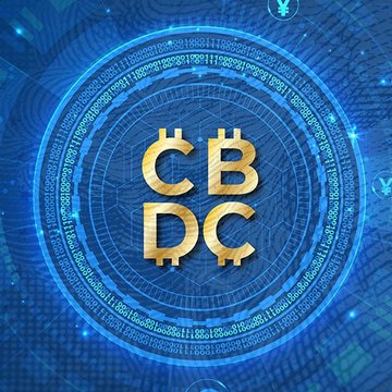 A blue digital graphic displaying a golden 'CBDC' (Central Bank Digital Currency) logo inside a circular digital pattern with binary code, featuring a Bitcoin symbol watermark.