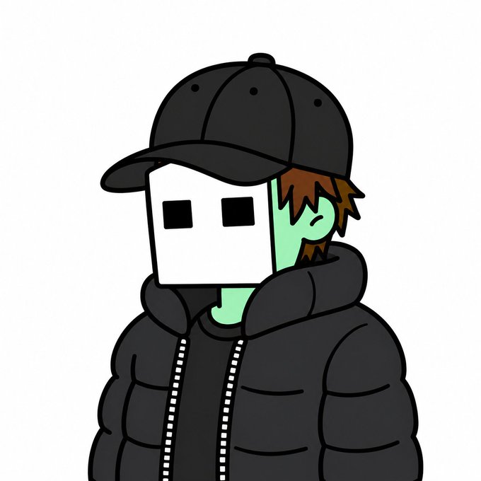 A stylized illustration features a person with green skin, brown hair, and a blank white mask wearing a black puffer jacket and baseball cap. The anonymous, faceless figure complements the casual "Gm and happy Sunday" greeting by evoking a modern crypto/web3 online persona aesthetic.