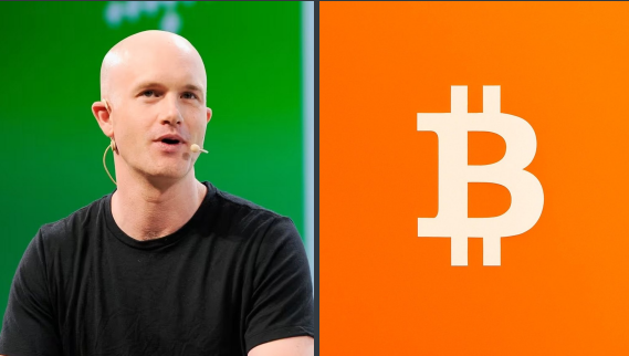 A split image showing a bald man in a black t-shirt speaking on the left and the Bitcoin (₿) logo on an orange background on the right.
