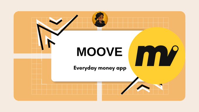 A promotional graphic for 'MOOVE' displays the text 'Everyday money app' next to a stylized 'mv' logo, with a small illustrated woman peeking over the top.