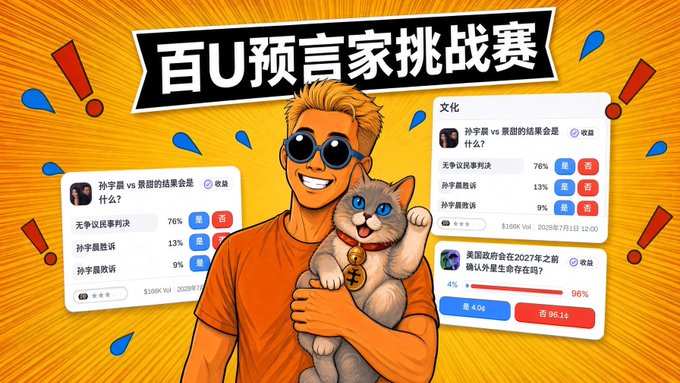 A colorful promotional graphic for "百U预言家挑战赛" (100U Prophet Challenge) showing a man holding a cat alongside prediction market cards for topics involving Sun Yuchen (孙宇晨).