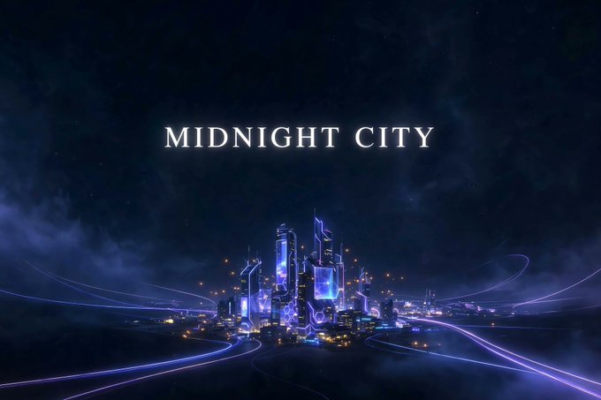 The image displays "MIDNIGHT CITY" in bold white text against a dark night sky, with an illuminated futuristic cityscape below featuring glowing purple and blue skyscrapers connected by sweeping neon light trails. The caption reads: "A neon-lit futuristic skyline glows beneath the bold title 'MIDNIGHT CITY,' visually echoing the post's description of a persistent, AI-driven digital world."