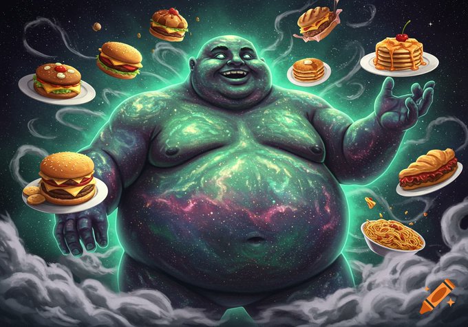A fantasy digital artwork depicting a large, cosmic, nebula-like figure surrounded by floating food items including hamburgers, pancakes, spaghetti, and a sandwich, with a small pencil icon in the corner.