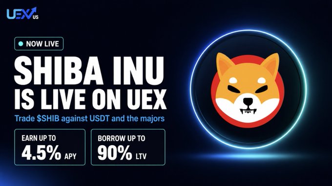 Promotional banner for UEX.us announcing 'SHIBA INU IS LIVE ON UEX' with offers to earn up to 4.5% APY and borrow up to 90% LTV.