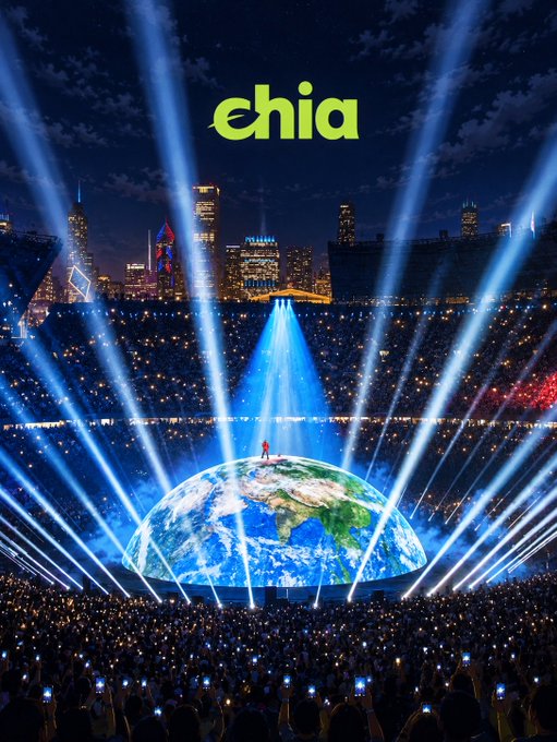 A concert scene with the 'chia' logo prominently displayed in green at the top, showing a massive illuminated globe on stage with a performer standing atop it, surrounded by blue light beams and a large audience holding up phone lights.