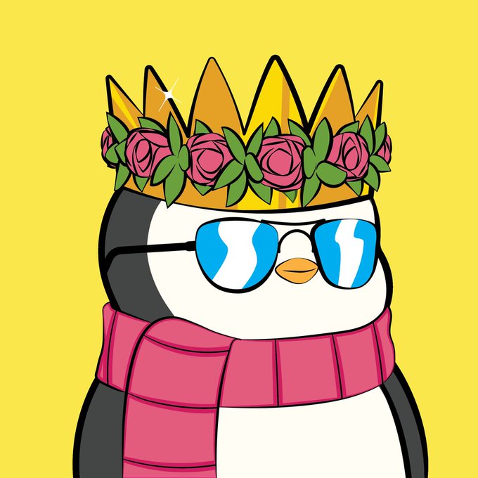 A cartoon penguin with blue-tinted sunglasses, a golden crown adorned with pink roses, and a pink scarf poses confidently against a bright yellow background, serving as a stylish new profile picture perfect for the user's PFP reveal post.