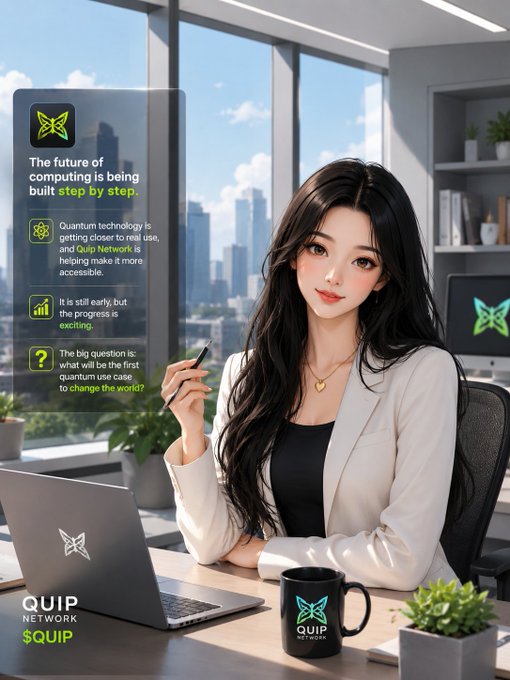 An anime-style illustration of a woman at a desk with a QUIP NETWORK laptop and mug, accompanied by text about quantum computing building the future 'step By Step.'