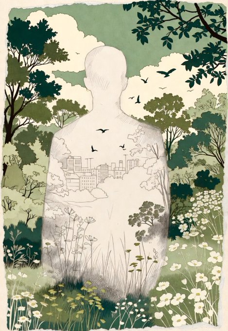 An illustration shows the outline of a man's back filled with a cityscape sketch, set against a green-toned background of trees, flowers, and birds.
