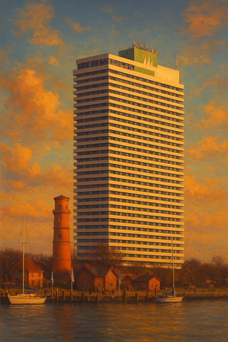 A painting depicts a tall, modernist skyscraper standing next to an old brick lighthouse and smaller buildings along a waterfront at sunset, with sailboats on the water.