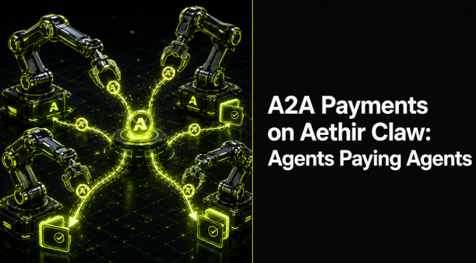 A glowing 3D illustration shows robotic arms surrounding a central "A" node, connected by energy streams to wallet icons, with the text "A2A Payments on Aethir Claw: Agents Paying Agents." The image visualizes the autonomous on-chain payment loop between two agents, reflecting the post's description of a Client Agent paying a Researcher Agent for due diligence services without human intervention.