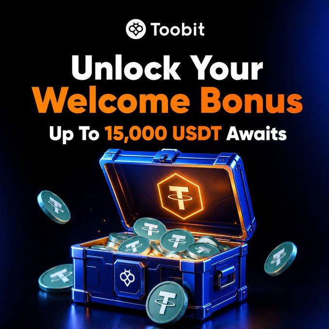 The image features a blue chest filled with coins, which are the main focus of the image. The chest has a lock on top, indicating that it's ready for someone to access its contents. Below the chest, there is text that reads "Unlock Your Welcome Bonus Up To 15,000 USDT Await". This suggests that the chest contains tokens or coins that can be used as a welcome bonus for new users of the cryptocurrency exchange. The image also includes a watermark in the bottom right corner that says "Toobit" and "CryptoTrading #USDT".
