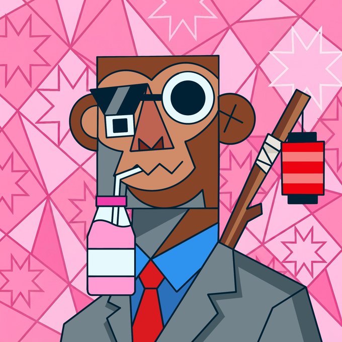 A cubist-style monkey character in a gray suit and red tie smokes a pink juice box through a straw while holding a staff with a red lantern, set against a pink geometric star-patterned background, matching the artistic "Chimpi" style NFT referenced in the post.