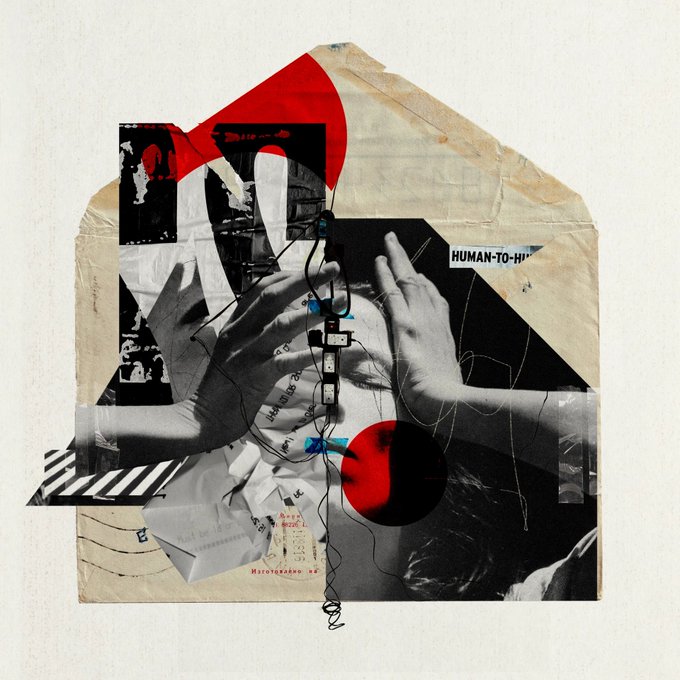 A collage artwork featuring black and white photography of hands and figures, layered with torn paper, geometric shapes in red and black, and handwritten text.