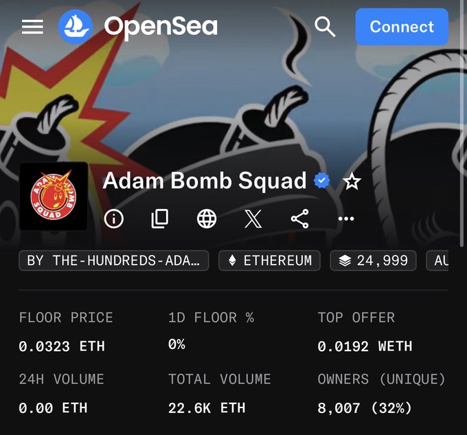 The image shows a screenshot of a webpage from OpenSea, which appears to be focused on promoting Adam Bomb Squad. A total of 8,007 people are shown, all of whom are interested in purchasing Adam Bomb Squad products. These customers have chosen to hold their purchases for three days straight. This feature of the product description has caught attention and generated interest among potential buyers. The sales page also includes a list of features that could be useful or appealing to those seeking to buy Adam Bomb Squad from this particular seller.