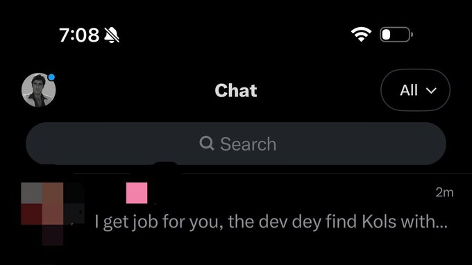 Mobile chat interface screenshot at 7:08 showing a message reading 'I get job for you, the dev dey find Kols with...' sent 2 minutes ago.