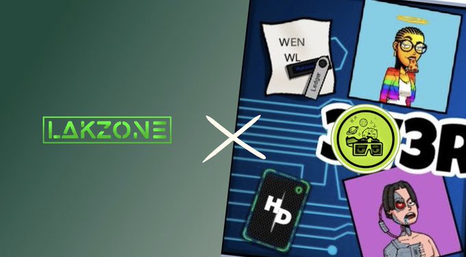 A promotional graphic showing a collaboration between I.AKZONE (with neon green text) and a 3R-related project featuring NFT artwork and characters.