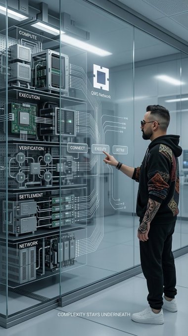 A digital illustration of a tattooed man with sunglasses pointing at an interactive glass interface labeled "QAS Network", which displays a technical diagram with categories like "COMPUTE", "EXECUTION", and "NETWORK" alongside text stating "COMPLEXITY STAYS UNDERNEATH".