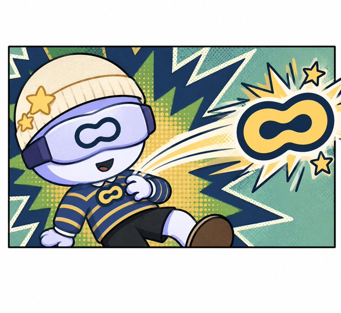 A cartoon illustration of a character wearing a VR headset and a striped shirt, with an infinity symbol emitting from the device on a comic-style background.