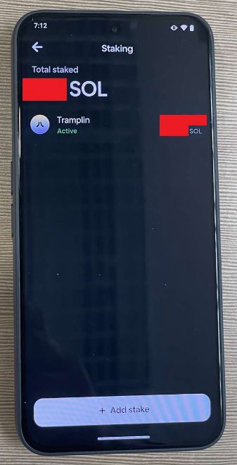 The image shows a cell phone with its screen displaying information about staking. The phone's screen indicates that there are two active staking accounts, one of which has been added recently. The user might be interested in trying out this staking method or is considering adding more accounts for additional staking opportunities.
