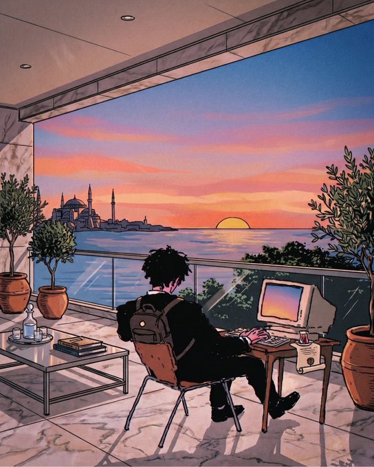 An illustrated scene shows a person with a backpack sitting at a desk using an old computer while overlooking a sunset cityscape by the sea.