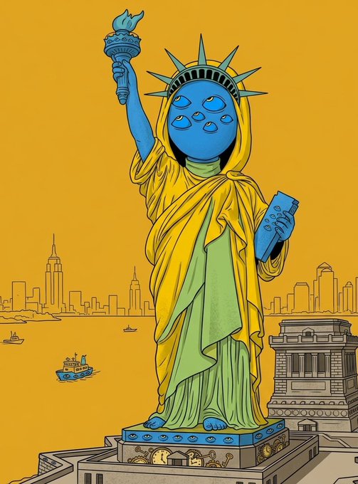 An illustrated parody of the Statue of Liberty where the face is replaced with a blue circular emblem featuring stylized eyes, dressed in yellow and green robes, holding a phone, set against a yellow background with a New York City skyline.