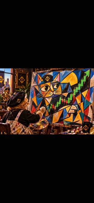 An elderly woman wearing a black beret and apron paints a colorful, cubist-style portrait of a cat on an easel.
