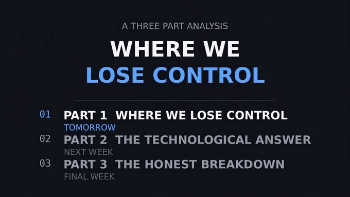 A dark presentation slide titled "A THREE PART ANALYSIS: WHERE WE LOSE CONTROL," outlining three parts: "Part 1 Where We Lose Control Tomorrow," "Part 2 The Technological Answer," and "Part 3 The Honest Breakdown."