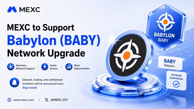 A promotional graphic from MEXC cryptocurrency exchange announcing support for the Babylon (BABY) Network Upgrade, featuring the Babylon logo and text about seamless network support, faster access, and more opportunities.
