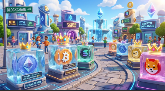 A colorful 3D-rendered illustration of a 'Blockchain Ave' and 'Crypto Exchange' with frozen token blocks for Ethereum, Bitcoin, and Solana displayed under crowns.