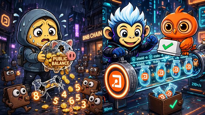 A vibrant cartoon comparing a stressed person holding a 'PUBLIC BALANCE' piggy bank to a cheerful blue-haired character on a 'BNB CHAIN' rocket, surrounded by falling coins.