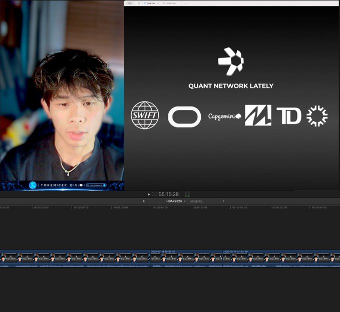 A video editing software showing a man in a dark shirt on the left, with a "QUANT NETWORK LATELY" graphic displaying partner logos (SWIFT, O, Capgemini, TD) on the right, and a timeline with HMAR2024 footage below.