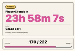 This image shows a countdown timer for "Phase 03," indicating it ends in 23h 58m 7s, with a price of 0.042 ETH and a remaining supply of 170/222. It visually represents the minting progress of a digital project, directly supporting the provided post's context regarding the "Mona Riot" collection.