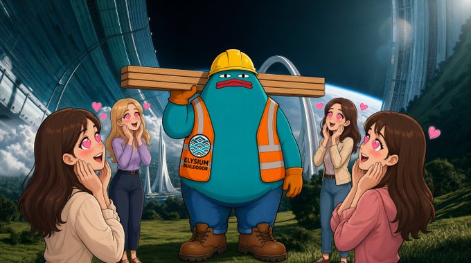 A cartoon illustration of a monster in a yellow hard hat and orange 'Elysium Bulldog' vest carrying lumber on his shoulder, surrounded by four admiring women with heart eyes in front of futuristic arcologies.
