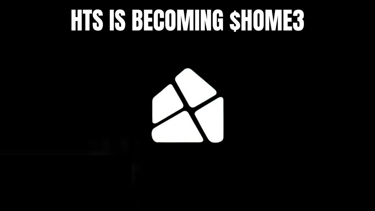 A black screen with bold white text reading 'HTS IS BECOMING $HOME3' above a geometric house-shaped logo.