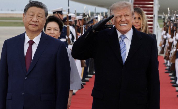 In this image, President Donald Trump salutes alongside Chinese President Xi Jinping and his wife, Peng Liyuan, as they arrive on the tarmac. The "Gm" in the post likely stands for "Good Morning," a common greeting that sets a casual tone for the otherwise formal political event depicted.
