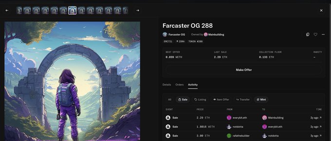 A Farcaster OG 288 NFT page shows activity listings including a 2.29 ETH sale and 1.0824 ETH sale, with the poster lamenting having bought similar artwork at the peak (~2.2 ETH) and now unable to sell it even at a fraction of the price, illustrating the dramatic value collapse in the once highly valued Farcaster project.
