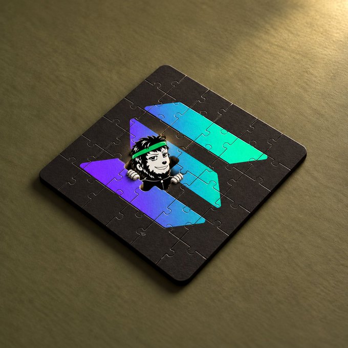 A stylized logo featuring a cartoon character with a green headband peeking from a geometric purple and teal shape, displayed on a black puzzle-like square resting on a brown surface.