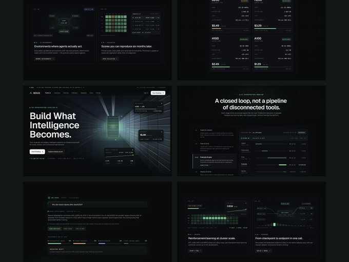 A dark-themed website design portfolio featuring financial dashboard elements with stock tickers like VALU, LVVV, IHOD, and A100 (showing prices $5.49, $3.20, $2.40, $1.29), highlighting headlines such as "Build What Intelligence Becomes," "A closed loop, not a pipeline of disconnected tools," and "Environments where agents actually act." The design showcases 4.2 million tokens worth of AI-generated UI work demonstrating sophisticated fintech layouts, data visualizations, and gradient-rich interfaces that justify the heavy computational cost.