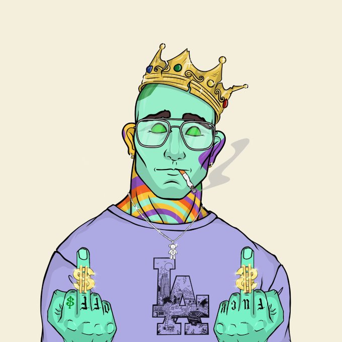 An illustrated character with green skin, wearing a gold crown, green glasses, smoking a cigarette, and holding up two middle fingers adorned with dollar sign rings, with an 'LA' pendant necklace and purple shirt.