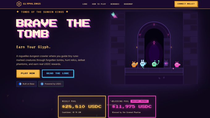 The image shows a website called "Global Tons of the Sunken Kings" with a purple background, featuring a game called "Brave The Tomb." The game description includes details about the game's gameplay and prizes, such as earning your Glyphlings by completing tasks or challenges within the game. The post also mentions that the game is free to play but requires real USDC in exchange for rewards.